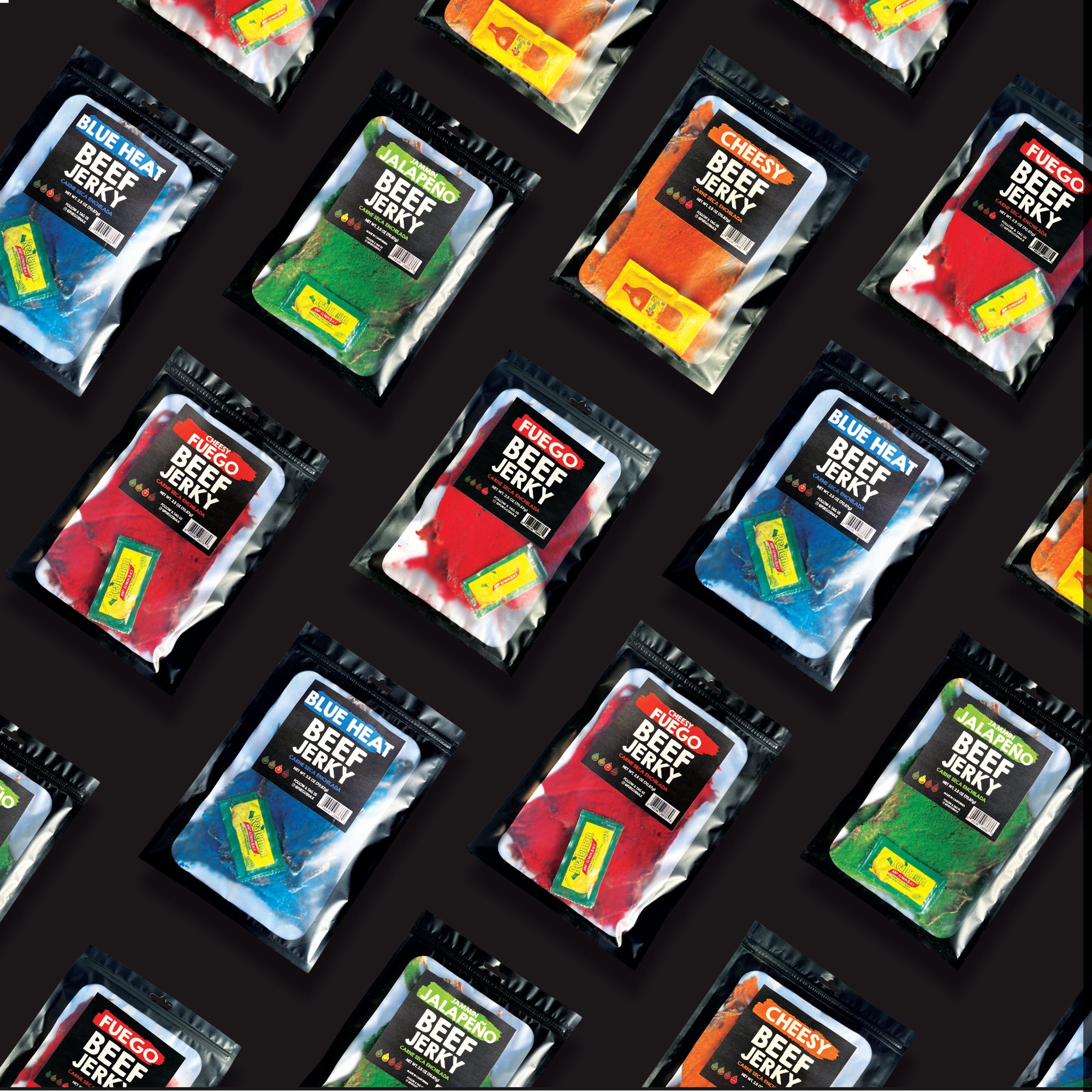 Pattern of Fuego Beef Jerky packages on a black background